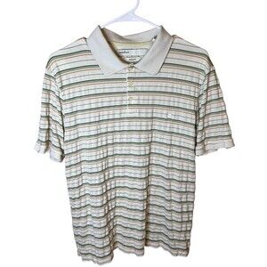 Perry Ellis SILK Polo Shirt Mens L White Gray Striped Short Sleeve Golf Casual